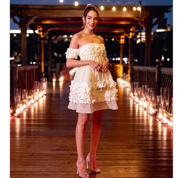 NWOT. $2950 ZIMMERMANN Harmony Applique Flower Mini Dress in Linen AU1, US4.